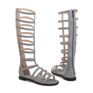 Faux suede knee high gladiator sandals with back zipper