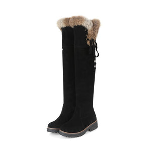 Faux suede plush lined over the knee boots with fuzzy trim