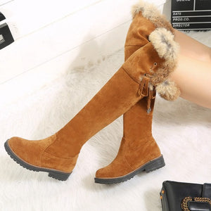 Faux suede plush lined over the knee boots with fuzzy trim