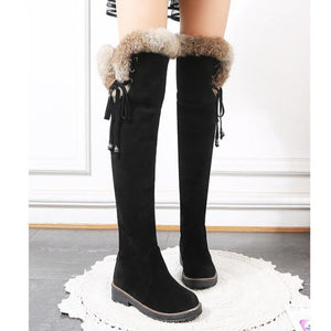 Faux suede plush lined over the knee boots with fuzzy trim