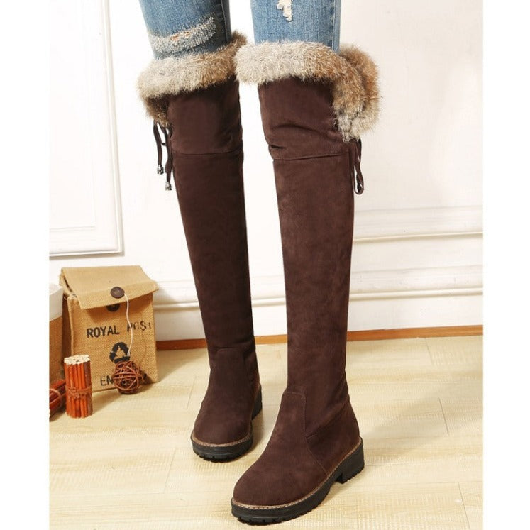 Faux suede plush lined over the knee boots with fuzzy trim