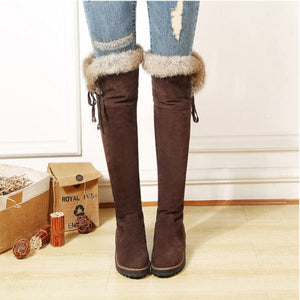 Faux suede plush lined over the knee boots with fuzzy trim