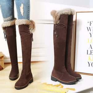 Faux suede plush lined over the knee boots with fuzzy trim