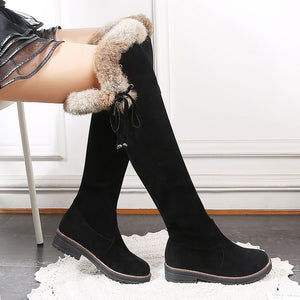 Faux suede plush lined over the knee boots with fuzzy trim