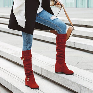 Faux suede slouch knee high boots with hidden wedge heels