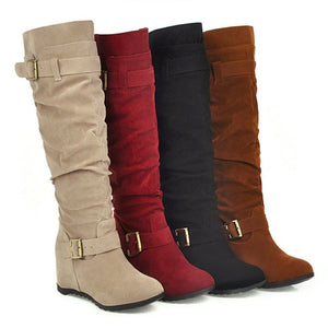 Faux suede slouch knee high boots with hidden wedge heels