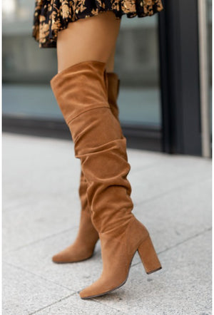 Faux suede slouchy wide calf chunky high heels over the knee boots