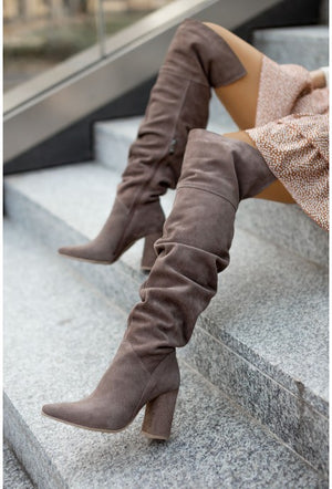 Faux suede slouchy wide calf chunky high heels over the knee boots