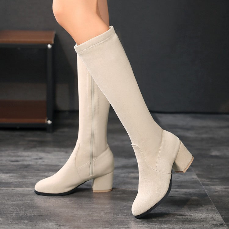 Faux suede chunky block heels under the knee knight boots side zip