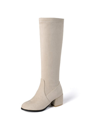 Faux suede chunky block heels under the knee knight boots side zip