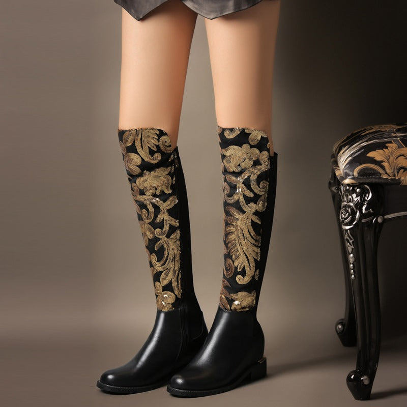 Golden sequins vintage knee high riding boots