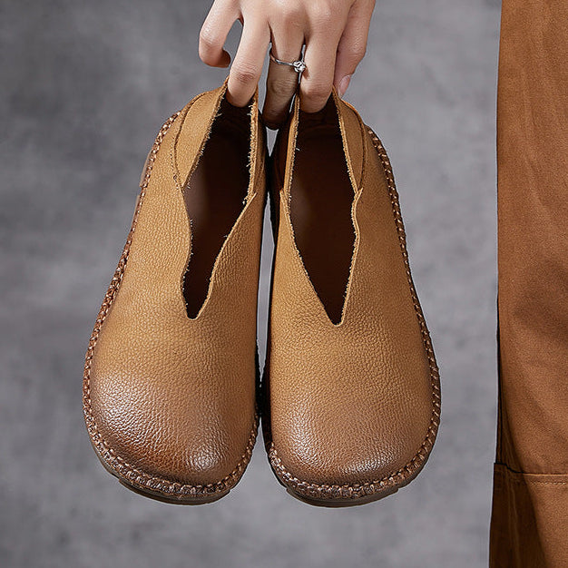 camel Handmade genuine leather vintage loafers round toe