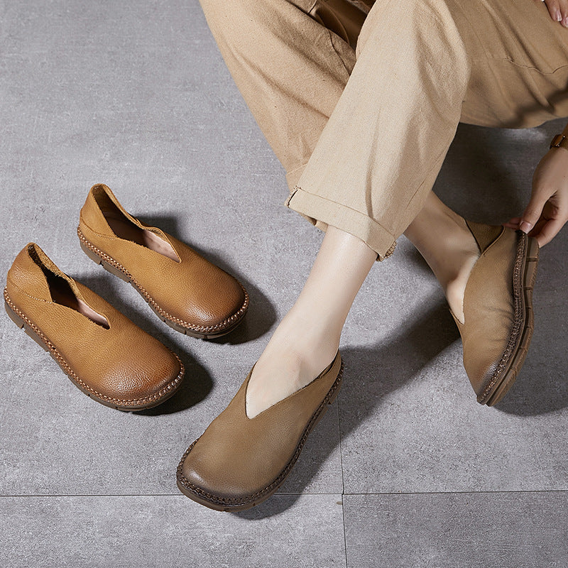 khaki Handmade genuine leather vintage loafers round toe