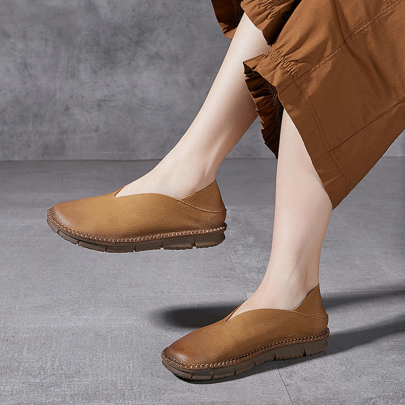 camel Handmade genuine leather vintage loafers round toe