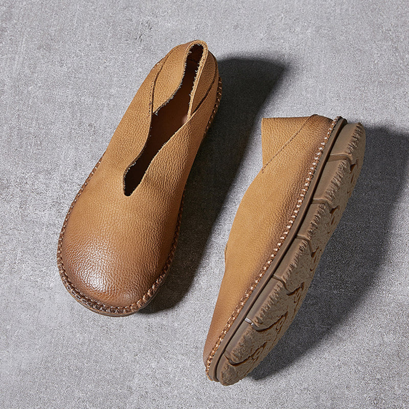 camel Handmade genuine leather vintage loafers round toe