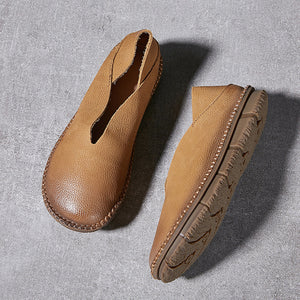 camel Handmade genuine leather vintage loafers round toe