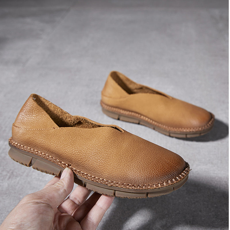 camel Handmade genuine leather vintage loafers round toe