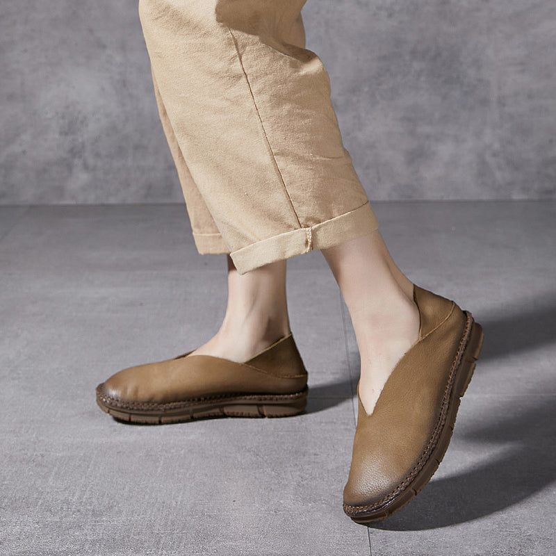 khaki Handmade genuine leather vintage loafers round toe