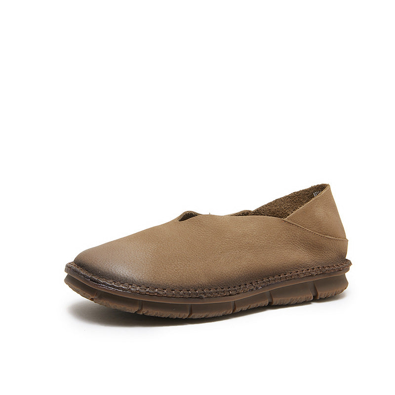 khaki Handmade genuine leather vintage loafers round toe