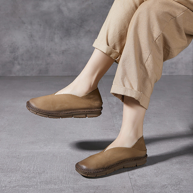 khaki Handmade genuine leather vintage loafers round toe