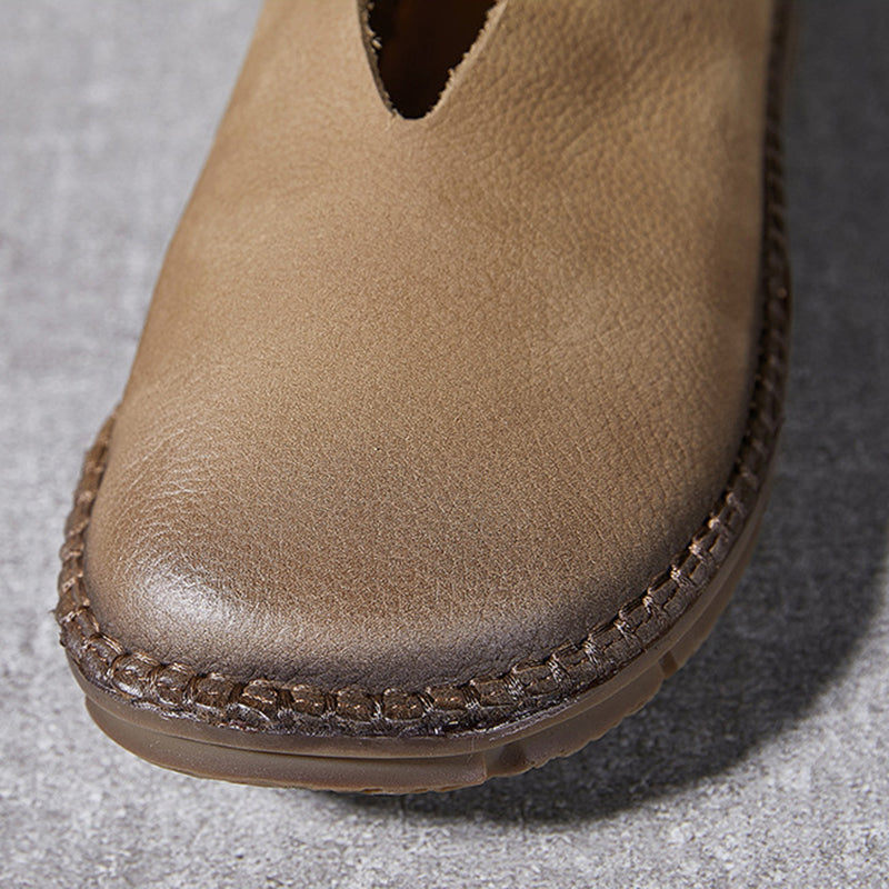 khaki Handmade genuine leather vintage loafers round toe