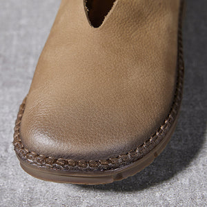 khaki Handmade genuine leather vintage loafers round toe