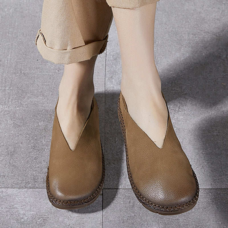 khaki Handmade genuine leather vintage loafers round toe