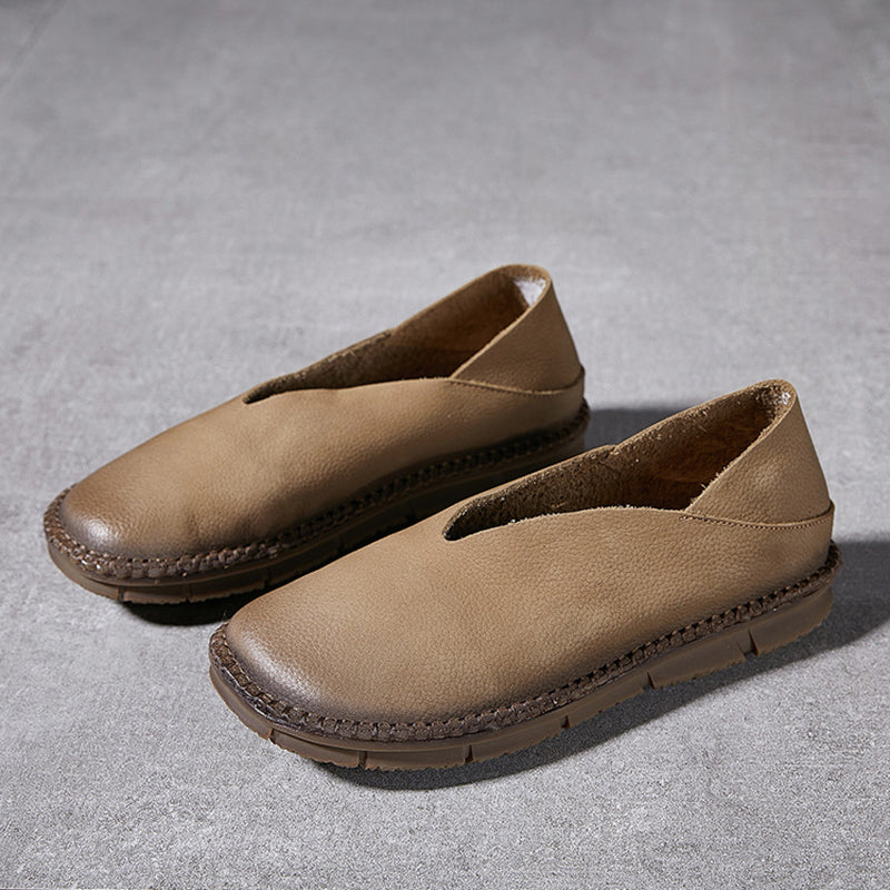 khaki Handmade genuine leather vintage loafers round toe