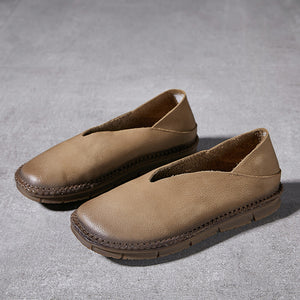 khaki Handmade genuine leather vintage loafers round toe