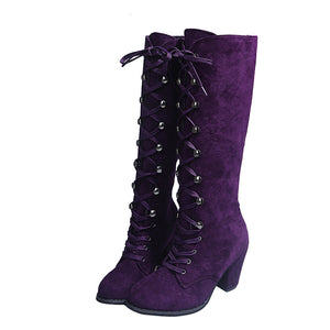 Heeled lace-up retro mid calf boots for women