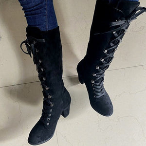 Heeled lace-up retro mid calf boots for women