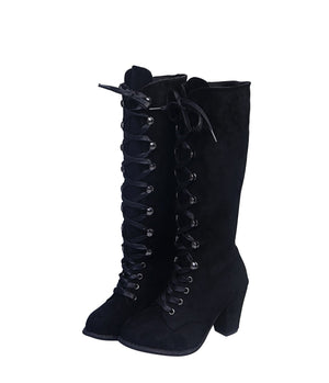 Heeled lace-up retro mid calf boots for women