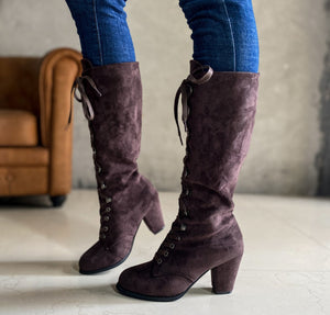 Heeled lace-up retro mid calf boots for women