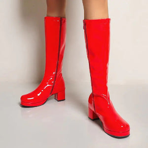 Knee high chunky heel solid color side zipper womens fashion boots