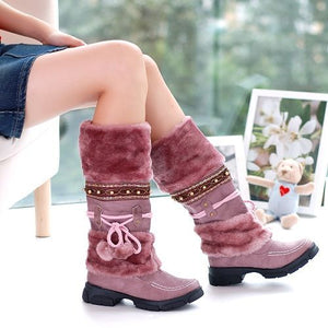 Knee high pom pom snow boots cute winter boots flat heel