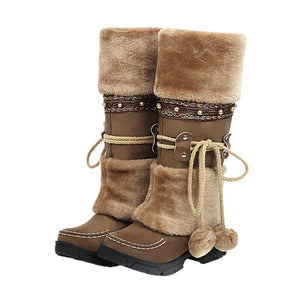 Knee high pom pom snow boots cute winter boots flat heel