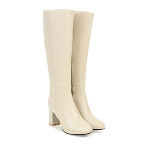 Knee high block heels knight boots square toe side zipper