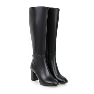 Knee high block heels knight boots square toe side zipper