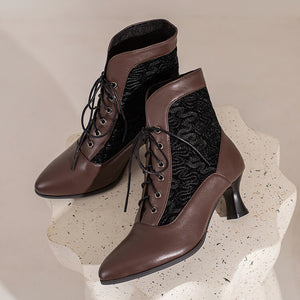 Lace panel victorican booties kitten heels lace-up ankle boots