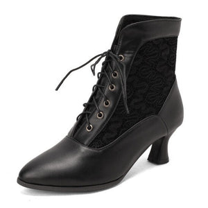 Lace panel victorican booties kitten heels lace-up ankle boots