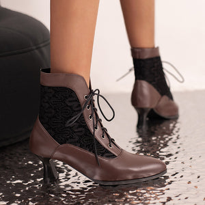 Lace panel victorican booties kitten heels lace-up ankle boots