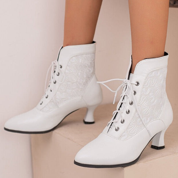 Lace panel victorican booties kitten heels lace-up ankle boots