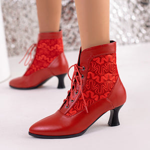 Lace panel victorican booties kitten heels lace-up ankle boots