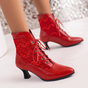 Lace panel victorican booties kitten heels lace-up ankle boots