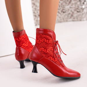 Lace panel victorican booties kitten heels lace-up ankle boots