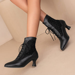 Lace panel victorican booties kitten heels lace-up ankle boots