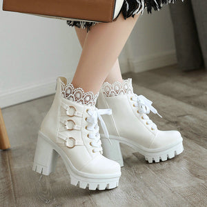 Lace trim chunky heels short boots
