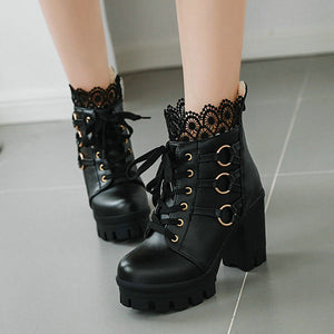 Lace trim chunky heels short boots