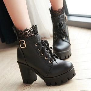 Lace trim lolita booties chunky platform high heels cute party dressy booties