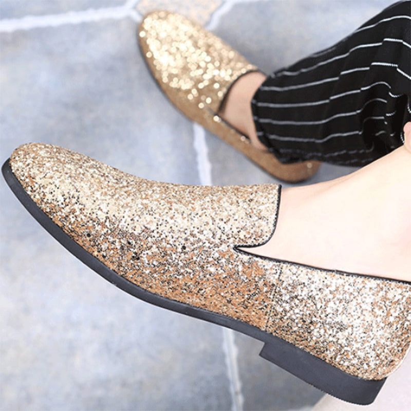 gold Men Sequins Slip-On Loafers For Prom Party